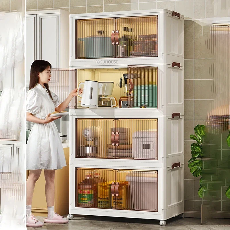 Nordic Metal Kitchen Cabinet for Kitchen Furniture Living Room Storage Cabinet Multifunction Pulley Multilayer Household Cupboar