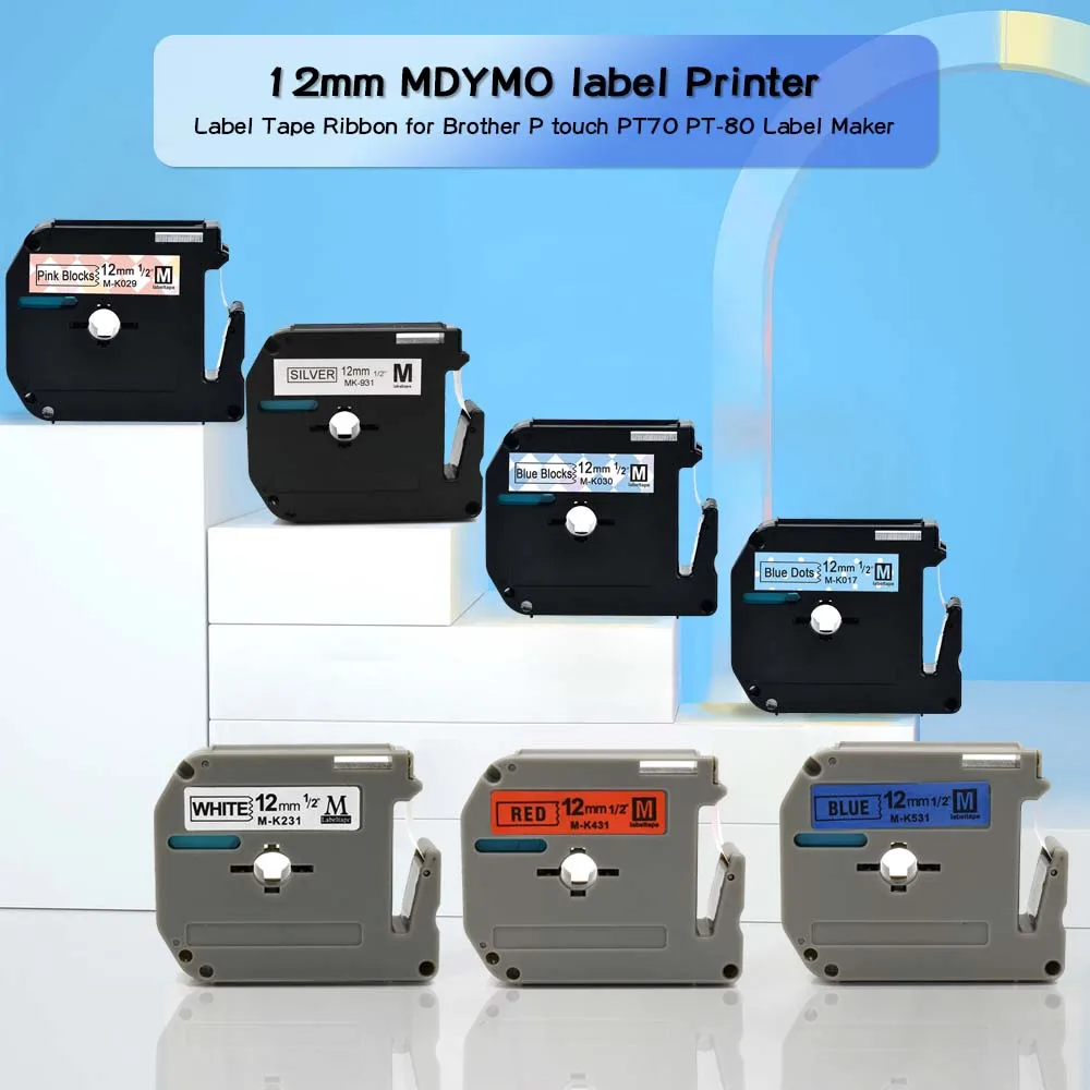 Фото 12 мм M labelTape MK231 Φ MK131 MK631, совместим с принтером Brother P-Touch для создания этикеток №1