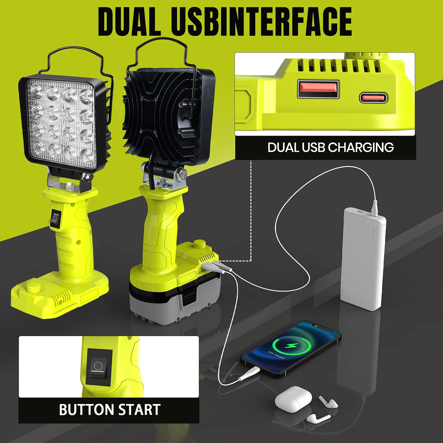LED Alarm Work Light Flashlight Searchlight Electric Torch Spotlight Camping Lamp for Ryobi 18V Lithium Nickel One+ Battery P108
