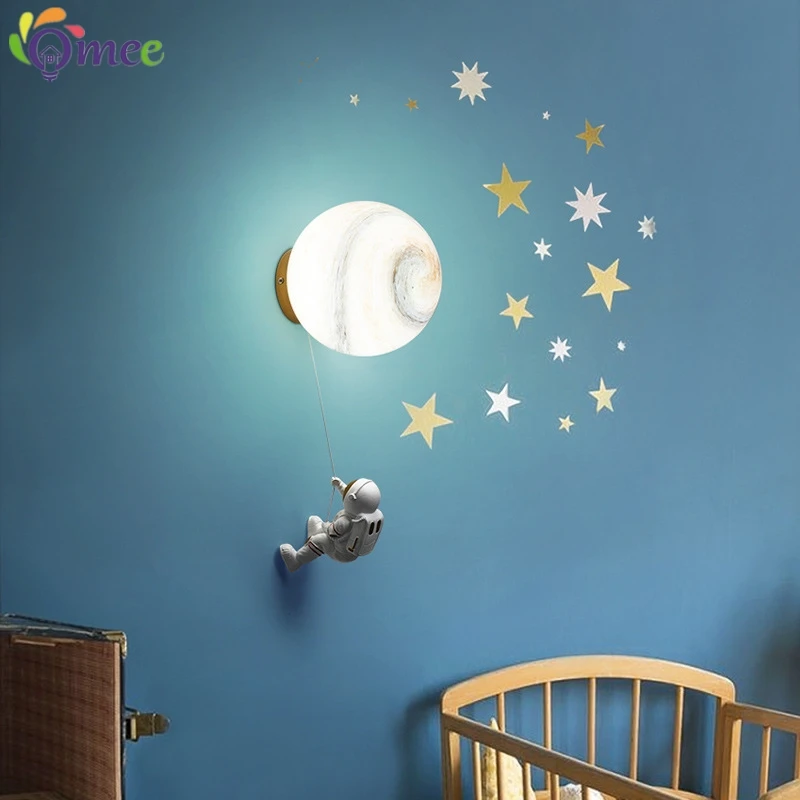 Children's room wall lamp creative living room background lamp stair corridor lamp LED astronaut moon lamp bedroom bedside lamp