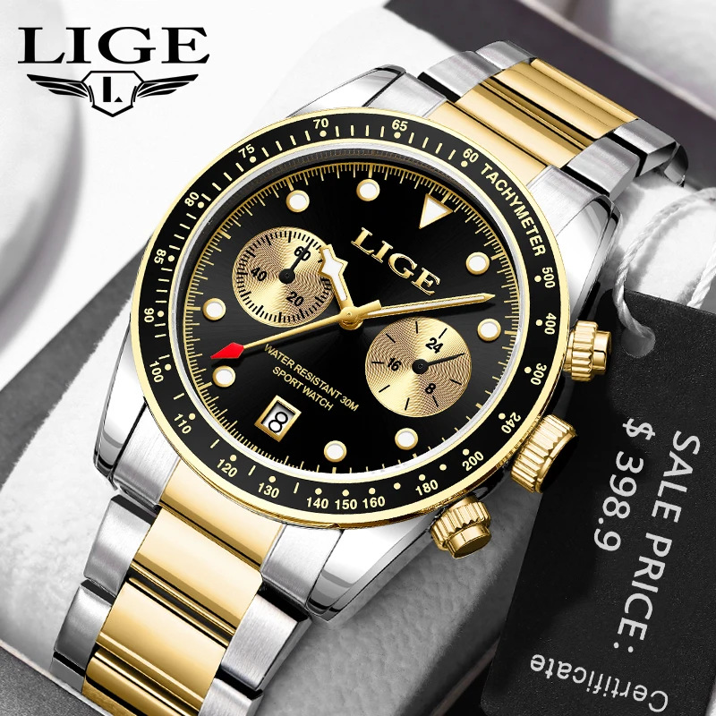 LIGE 2024 Panda Eyes Quatz Wristwatch Luxury Stainless Steel Chronograph Waterproof Males Watch For Men Auto Date Lume Reloj+Box