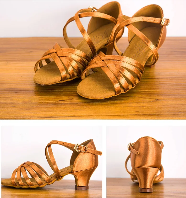 BD Satin Dark Tan Color Girls Professional Latin Dance Shoe Classic Latin Dance Shoes for Children 4.5cm Heel Clearance Price