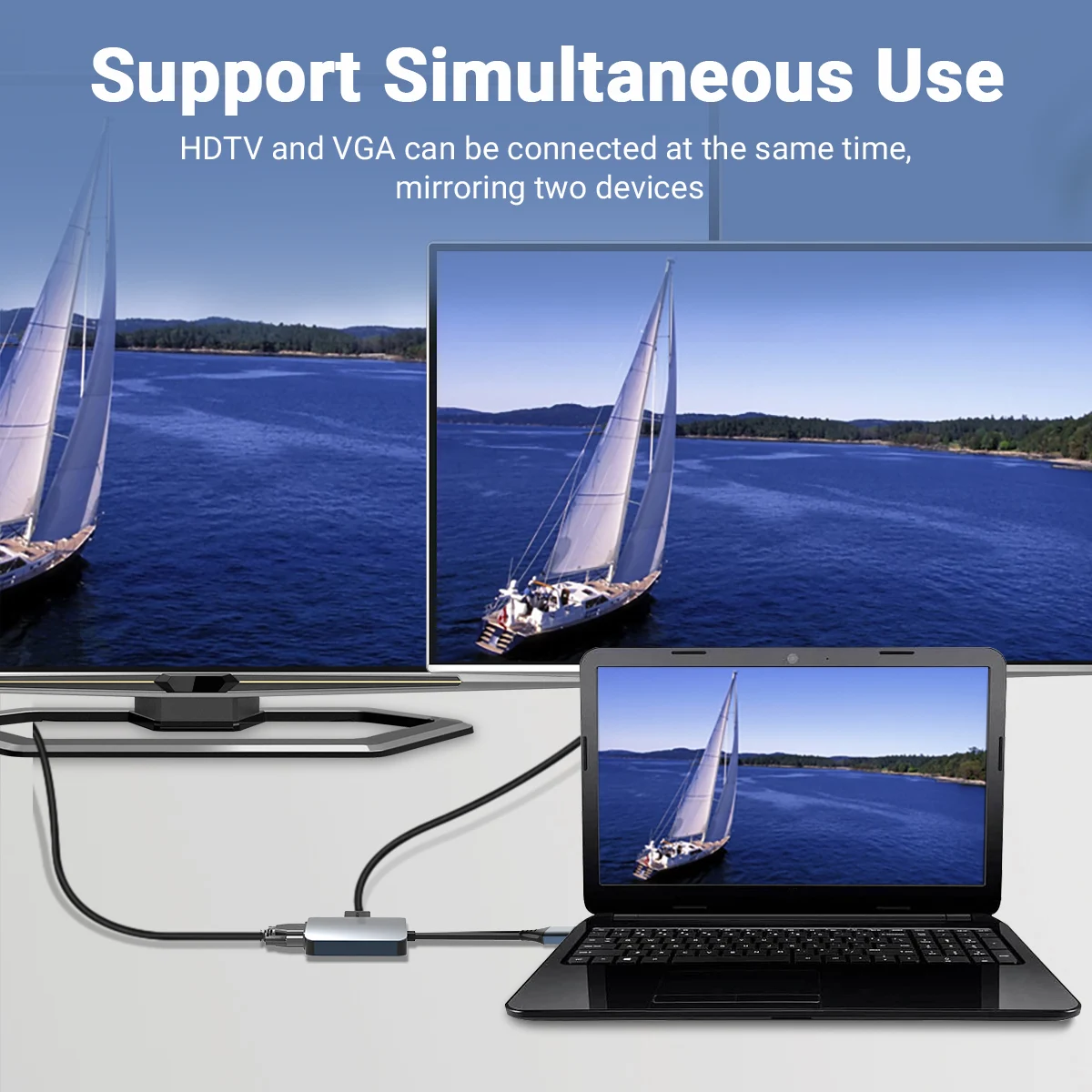 2 in 1 허브 USB to HDMI VGA 어댑터, USB 2.0 to HDMI 1080P 비디오 케이블 컨버터, 오디오 포함, PC 노트북 프로젝터 윈도우 XP용