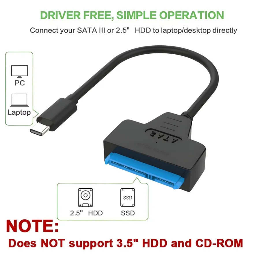 Type-C-Sata �ϵ� ��ũ ����� ���̺� 7+15 ��Ʈ�� �� USB C ���̺��� 22Pin SATA 2.5 ��ġ ������ HDD SSD �ϵ� ����̺� �����
