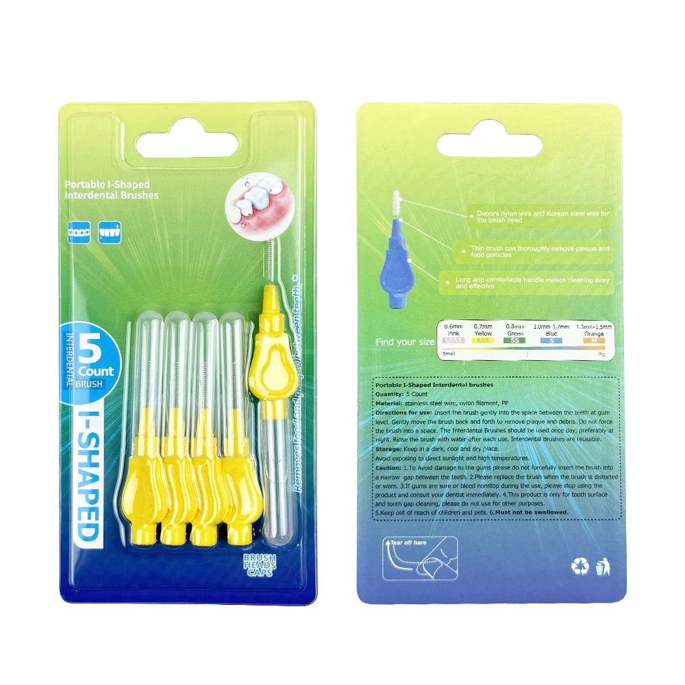 5개입/박스 I형 치간 칫솔 0.6-1.5mm 치아 사이 청소 구강 관리 교정용 치실