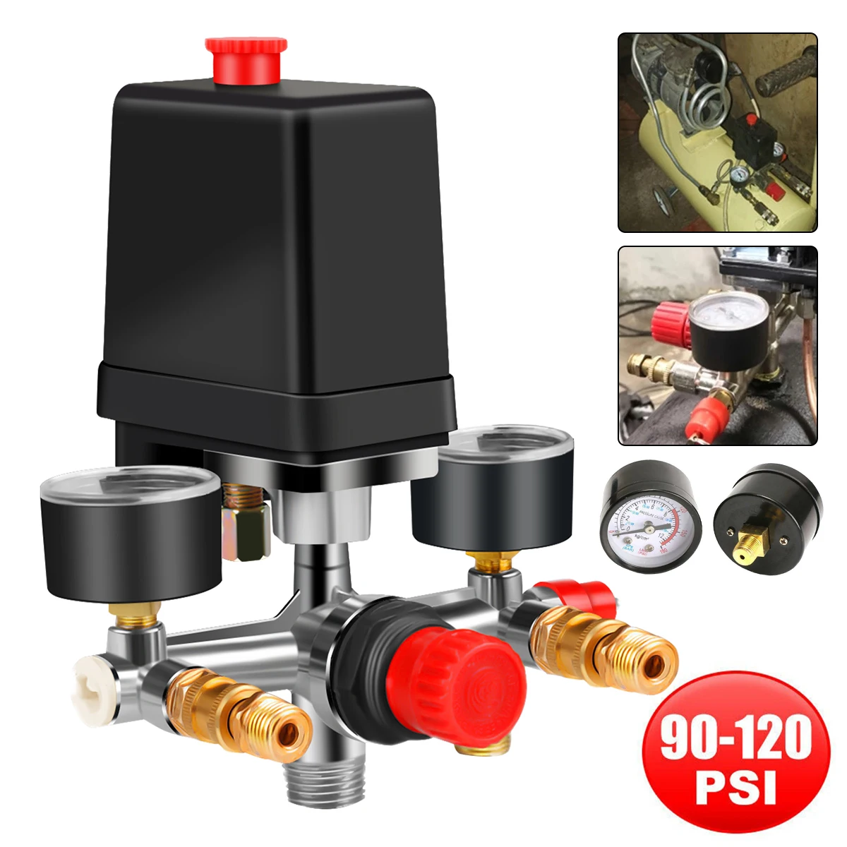 

90-120PSI Air Compressor Pressure Switch Manifold Regulator Gauges Air Compressor Pressure Switch Control 220-380V Aluminum