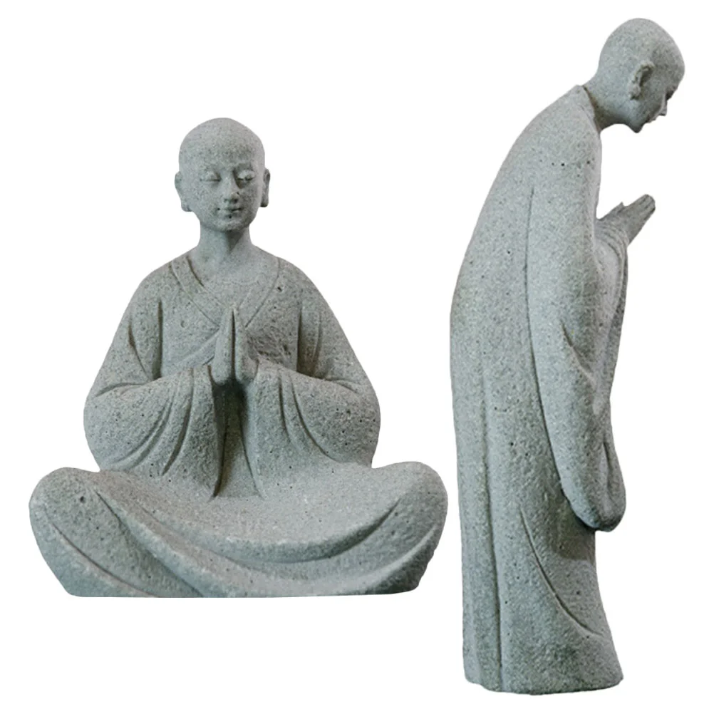 

2 Pcs Rockery Stone Micro Landscape Buddha Statue Ornament Tea Table Small Monk