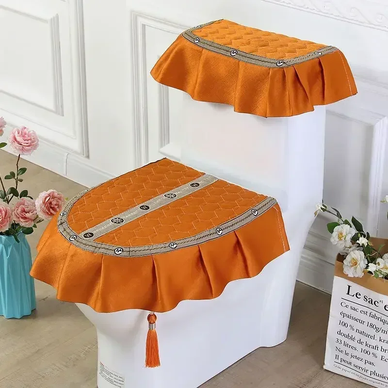 Four Season Household Toilet Dust Cover Embroidered Fabric Toilet Three Piece Set U-shaped Zipper Double-sided Lace Seat