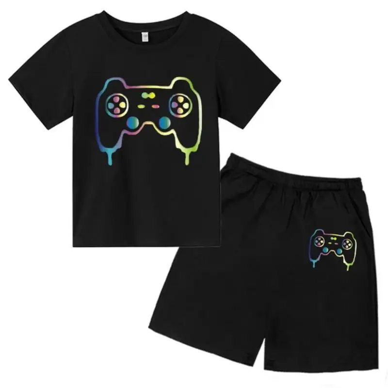 Conjunto de camiseta y pantalones cortos con estampado de máquina de juego de arte de grafiti para niños, moda de verano, informal, de manga corta, para niños y niñas