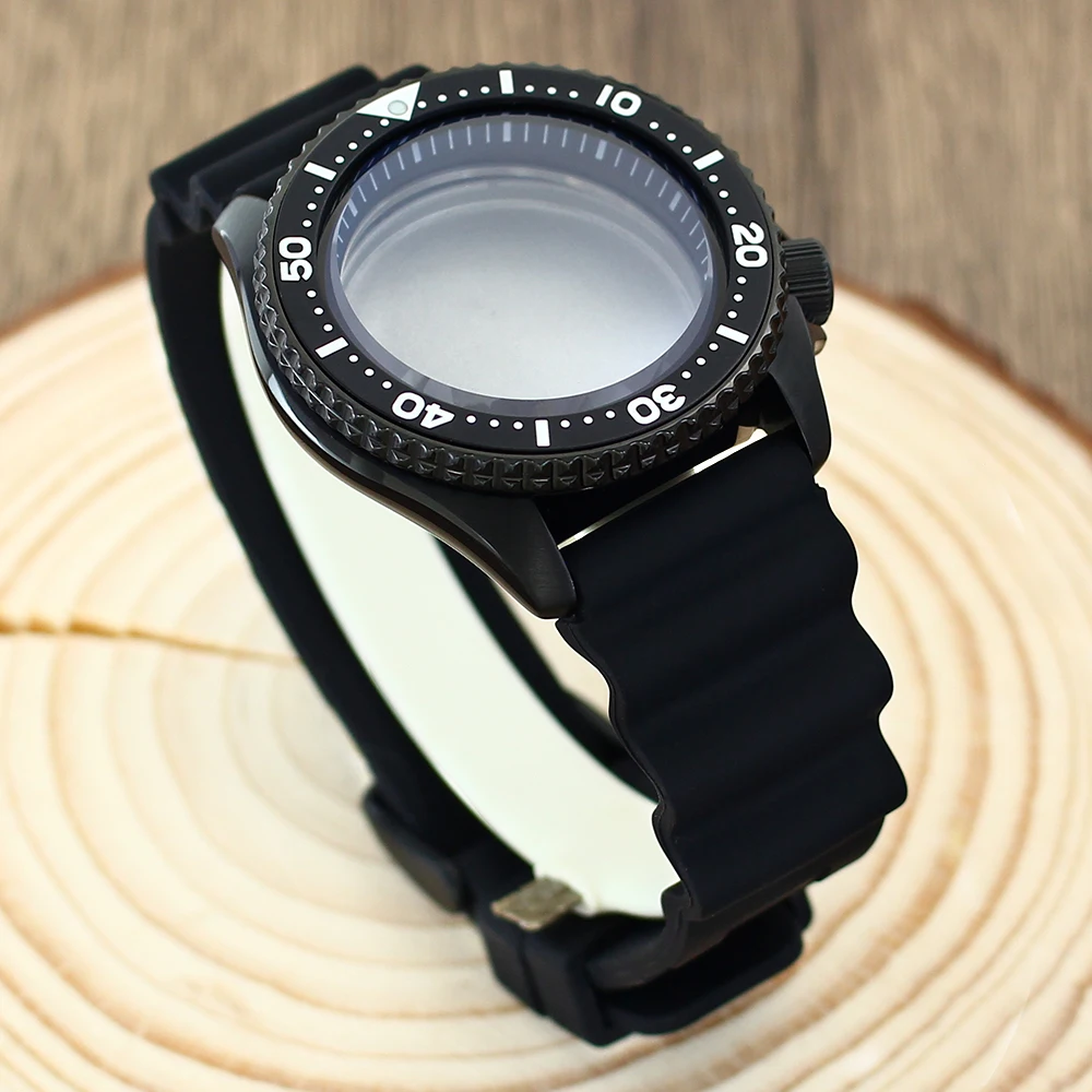 42,5 mm schwarzes Uhrengehäuse mit AR-Doppelbogen-Saphirglas für NH35 NH36 Automatikwerk mit Kapitelring und Kautschukarmband, SKX007-Ersatzteil – Detail 3