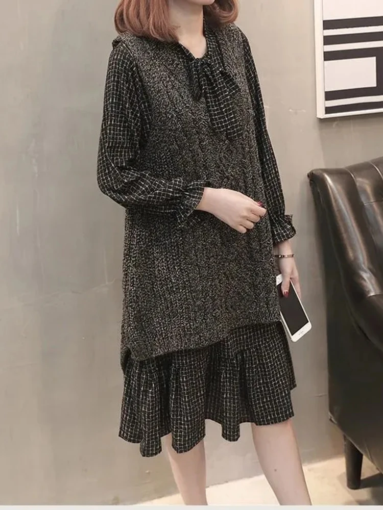 Korean Floral Knitted Dress Suit Women Solid Mid-length Sweater Vest Sets Lace Up Mid-length Straight Flower Dresses Outfits New