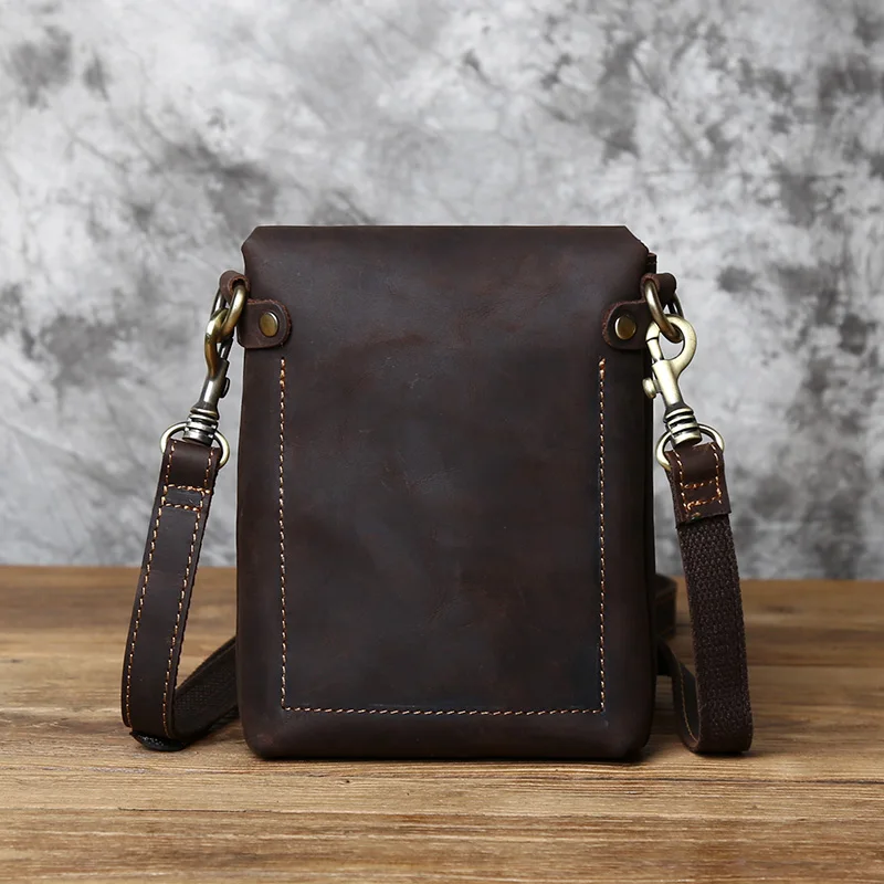 NZPJ Leather Men's Shoulder Bag Top Layer Cowhide Vertical Casual Mobile Phone Bag Crazy Horse Leather Brown Messenger Mini Bag