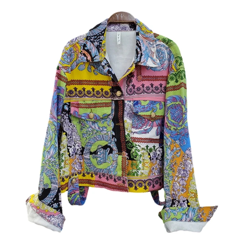 

Fashion Print Denim Jacket Coat Women Loose Short Cowboy Outerwear Spring New Korean Big Pocket Long Sleeve Jeans Jackets Female