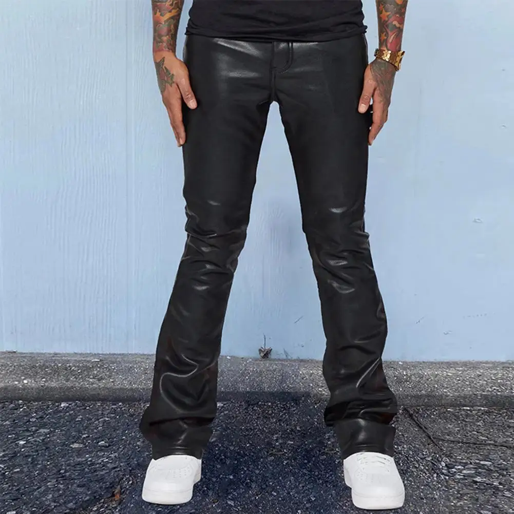 Party Bottoms Hop Style Faux Leather Flared Trousers for Men Streetwear Party Club Performance Pants Solid Color Loose Fit