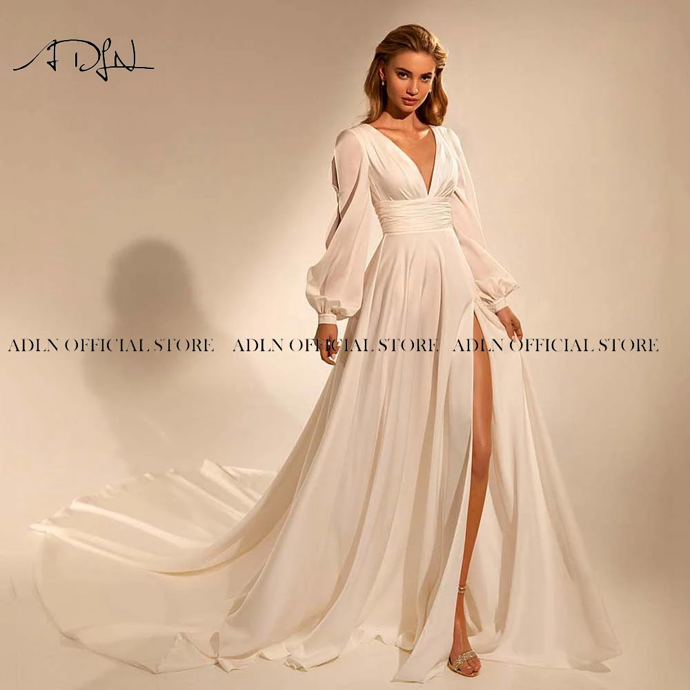 Chic V-neck Full Sleeves Boho Wedding Gowns High Split Chiffon Bride Gown 2023 Long Train Bohemian  Dress vestido de novia 4
