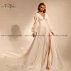 Chic V-neck Full Sleeves Boho Wedding Gowns High Split Chiffon Bride Gown 2023 Long Train Bohemian  Dress vestido de novia 4
