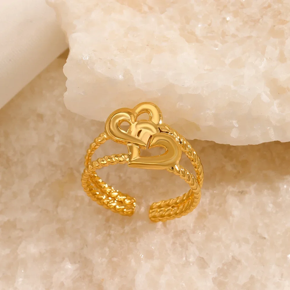 Stainless Steel Gold Color Hug Love Heart Open Rings for Women Female Sweet Adjustable Finger Ring Wedding Jewelry Party Gift