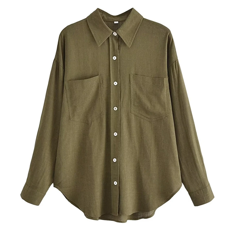 

Jenny&Dave Army Green Solid Colo Fashionr Pocket Ladies Top Bouse Women Country Style Commuter Casual Linen Shirt