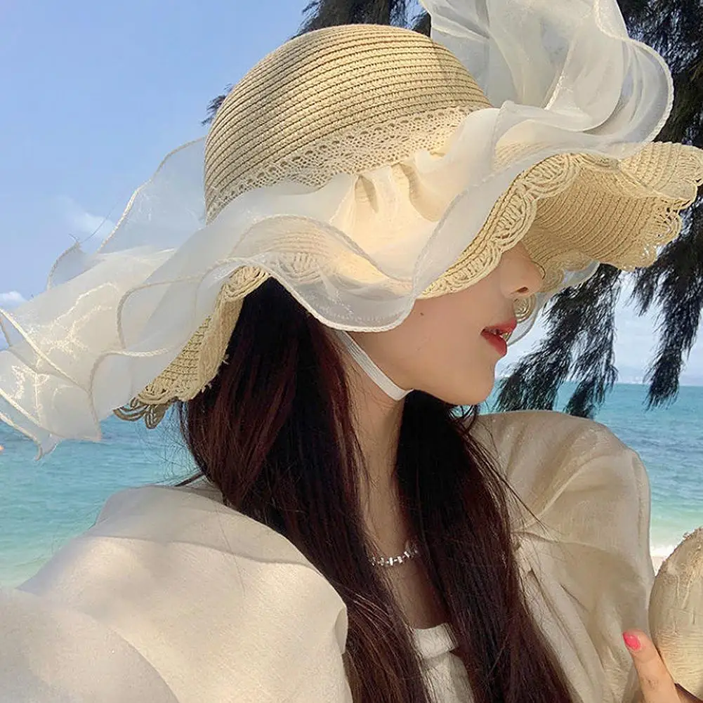Baby Girl Sun Hat Strap Breathable Cotton-Linen Wide Brim Beach Hat Lace Bow Ruffle Trim Summer Outdoor
