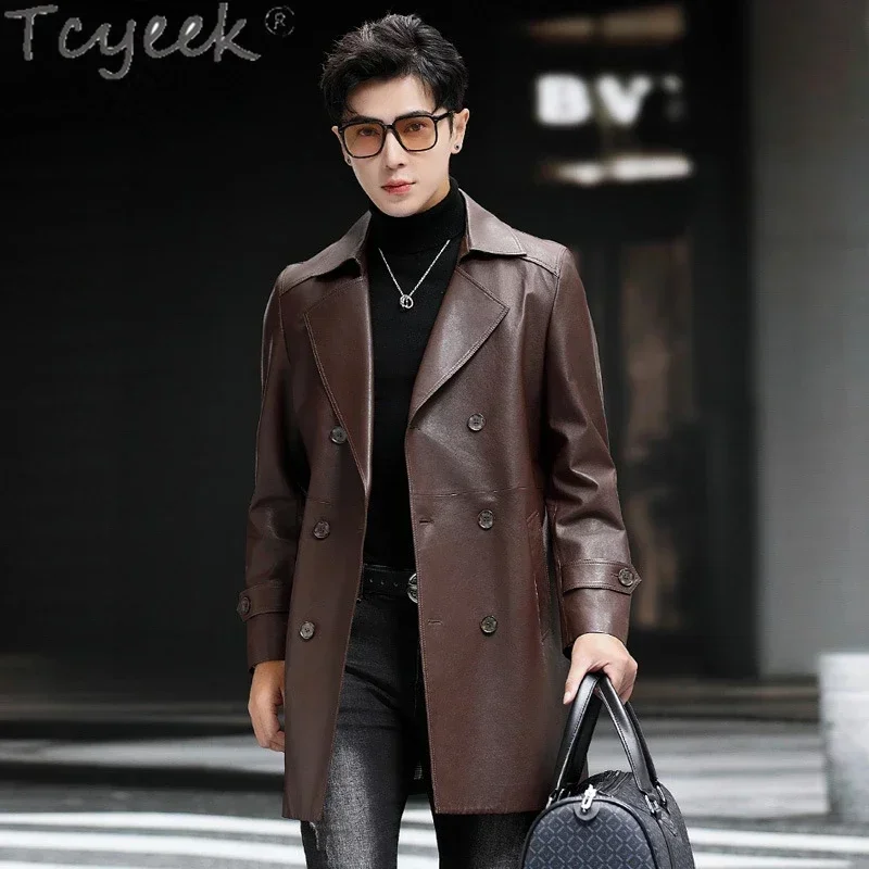 Tcyeek Genuine Leather Jacket Men Mid-length Real Sheepskin Coat for Women Spring Autumn Leather Coats Suit Collar Trench Coat