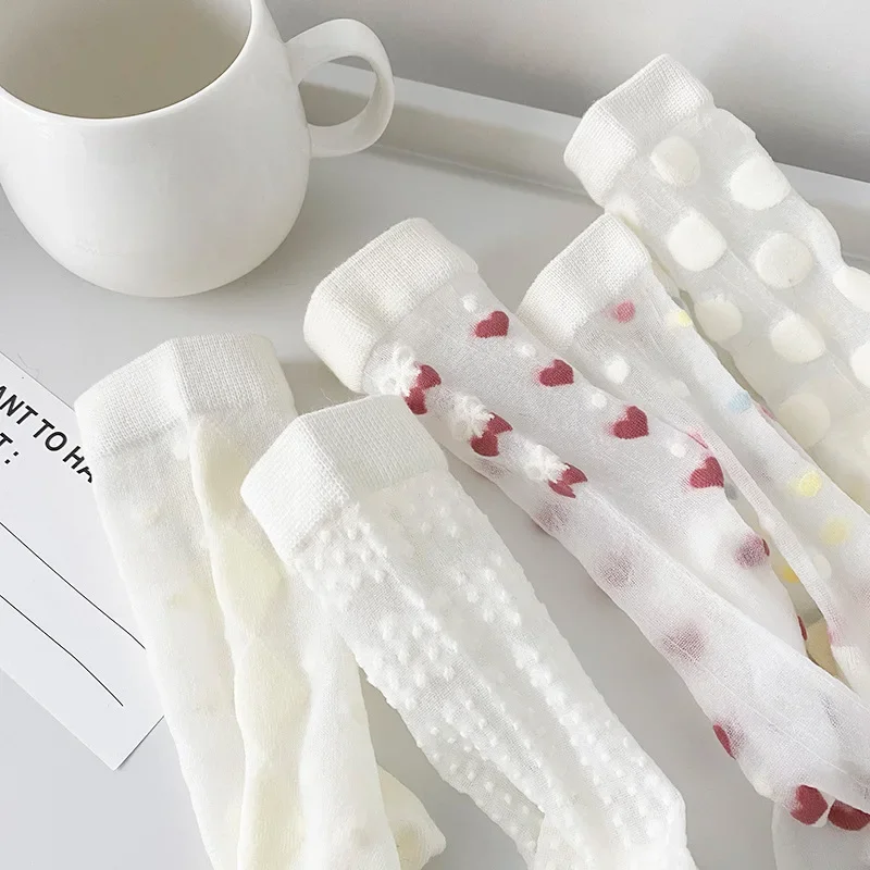 

Ultra-thin Transparent Crystal Silk Socks Polka Dots Heart Prints Japanese Kawaii Cute Nylon Long Socks White Socks Women Summer