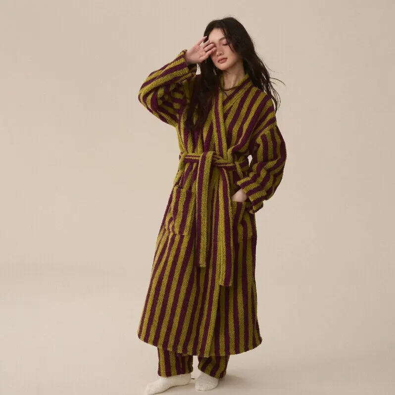 Thickened Flannel Robe Pants Pajamas Set Autumn Winter New Couple Coral Velvet Women Men Bathrobe Striped Lengthed Home Clothes women sleepwear sleepwear pajamas