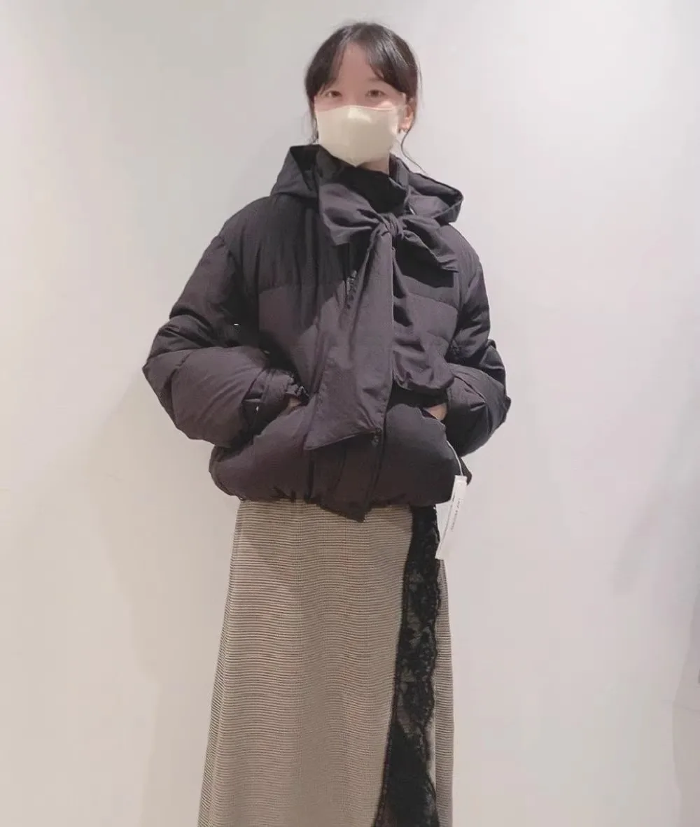 Japanese Style Solid Color All-Match Loose Pockets Short Hooded Down Coat Winter Fashion Long Sleep Bow Lace-up Down Jacket