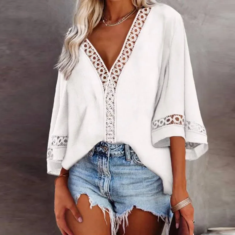 

Women's New White Shirt V-neck Hollowed Out Lace Patchwork Shirt Casual Loose Fitting Solid Color Pullover Blouses Femme Blusas