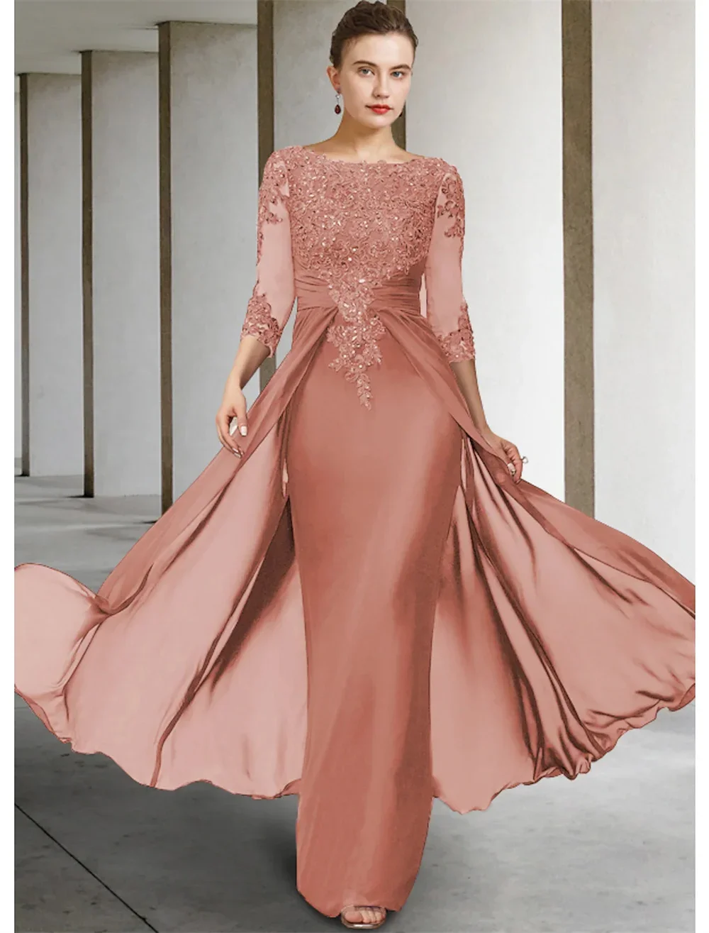 

Column Mother of the Bride Dress Formal Gowns Elegant Sparkle Shine Jewel Neck Asymmetrical Floor Chiffon Lace 3/4 Length