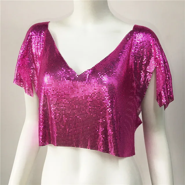 Glitter Chainmail Short Sleeve V Neck Top 47