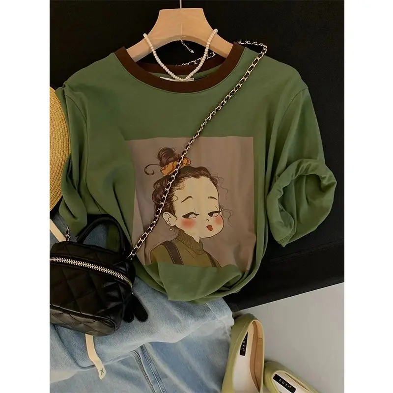 

LKSK Retro Design and Printed T-shirt for Women's Spring and Summer Loose and Lazy Style Versatile Short Sleeved Top Trend