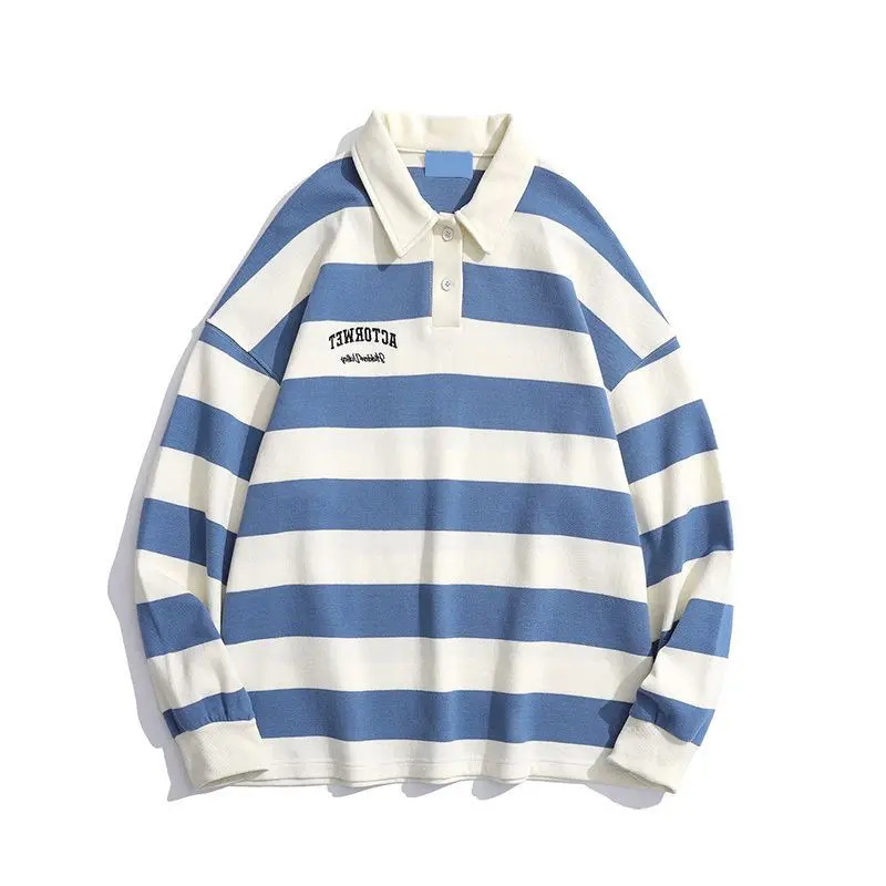 Polo da uomo di grandi dimensioni retrò a righe a contrasto di colore colletto polo maglione da uomo autunno cappotto allentato maniche lunghe bottoni top - immagine 5