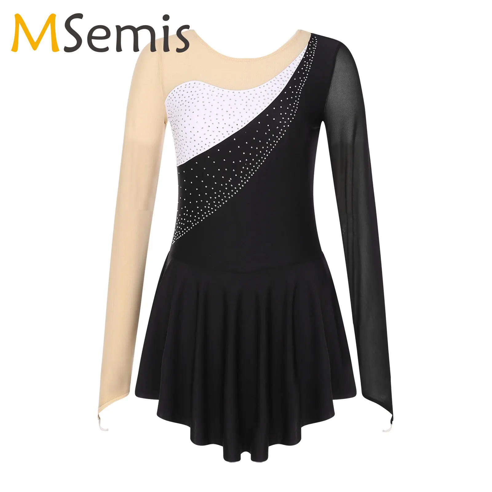 

Women Figure Ice Skating Dress Shiny Rhinestones Mesh Long Sleeves Ballet Lyrical Dance Gymnastic Leotard Ballroom Dancewear