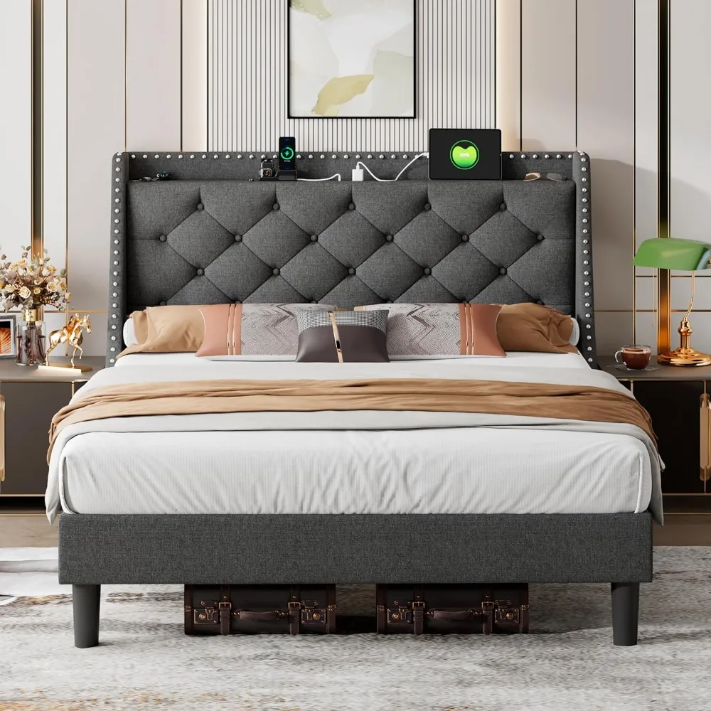 

Queen Size Bed Frame with 16" Deluxe Wingback & USB & Type-C Ports, Upholstered Platform Beds