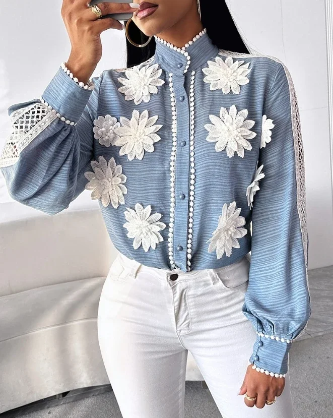 

Shirt for Women Autumn Fashion Slim Fit Top Elegant Floral Pattern Contrast Lace Buttoned Top Stand Collar Long Sleeved Shirt