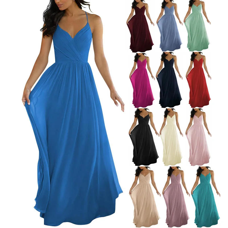

Elegant Chiffon Long 1 Bridesmaid Dress Woman A-line Spaghetti Straps with Pleated Top vestidos de noite