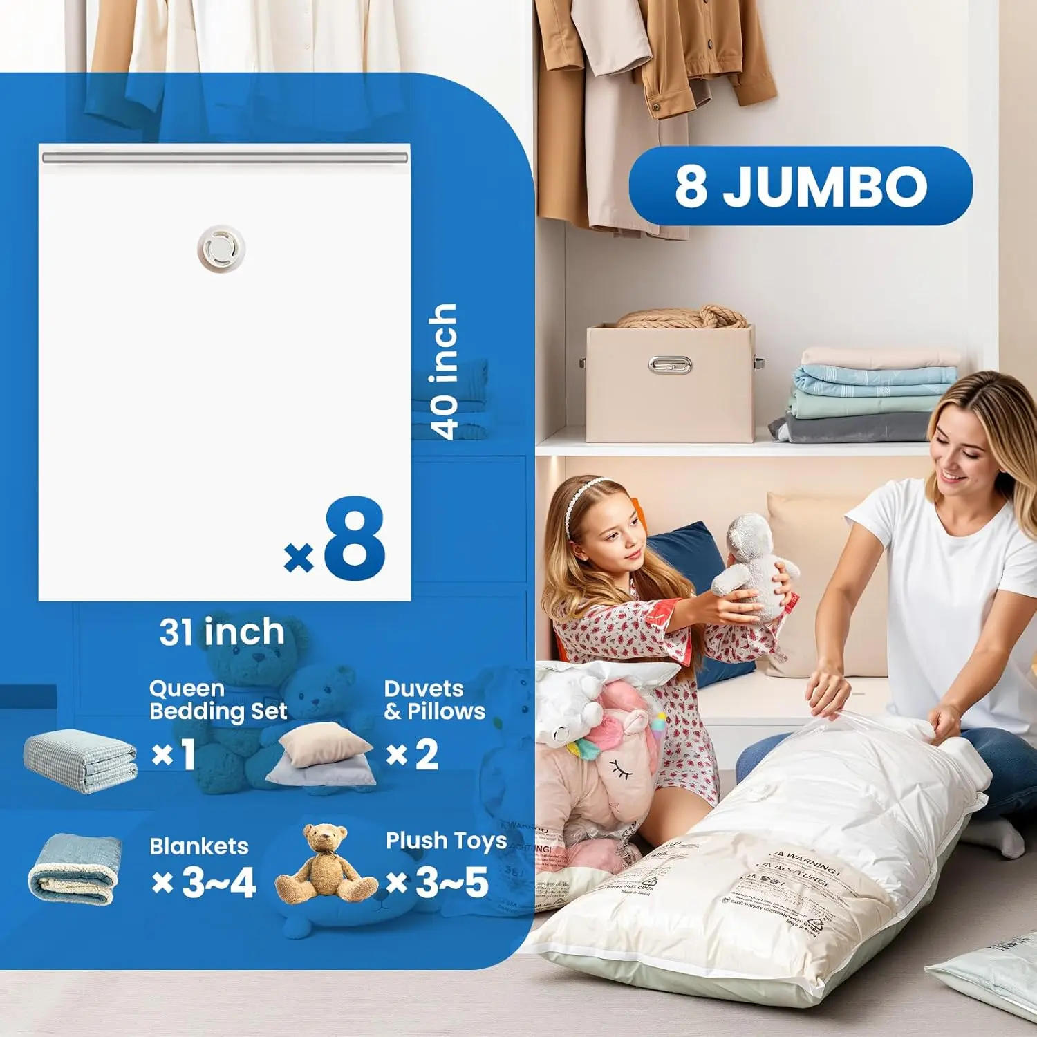20 Sacchetti Sottovuoto Salvaspazio, Con Pompetta Manuale, Per Abiti, Piumoni E Biancheria, 4 Misure (Jumbo, XL, Grande, Medio)