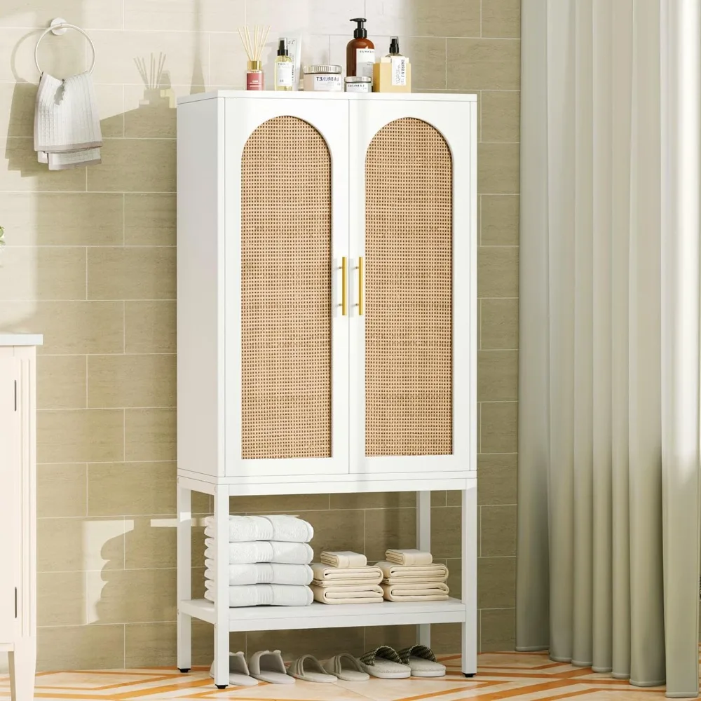 

Rattan Tall Cabinet with 2 Doors, Bathroom Storage Cabinet with Adjustable Shelf & Open Bottom Shelf, Free Standing Cabinet for
