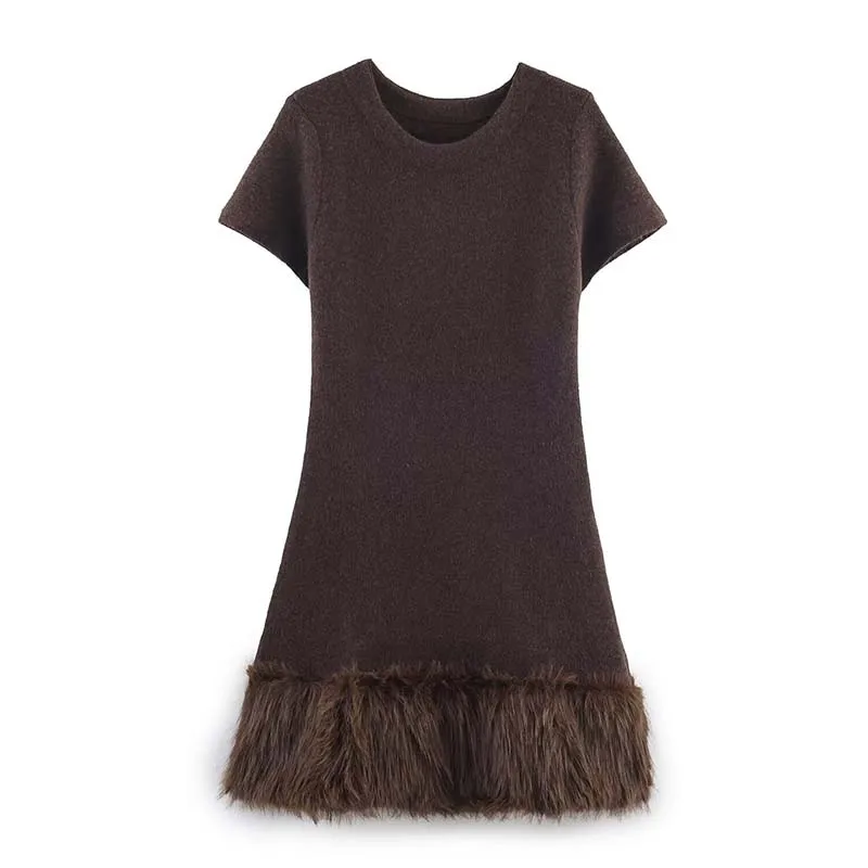 Women Fashion Faux Fur Splicing Short Dress 2025 Summer Autumn New Short Sleeve Knitted Mini Dress Holiday Casual Dresses