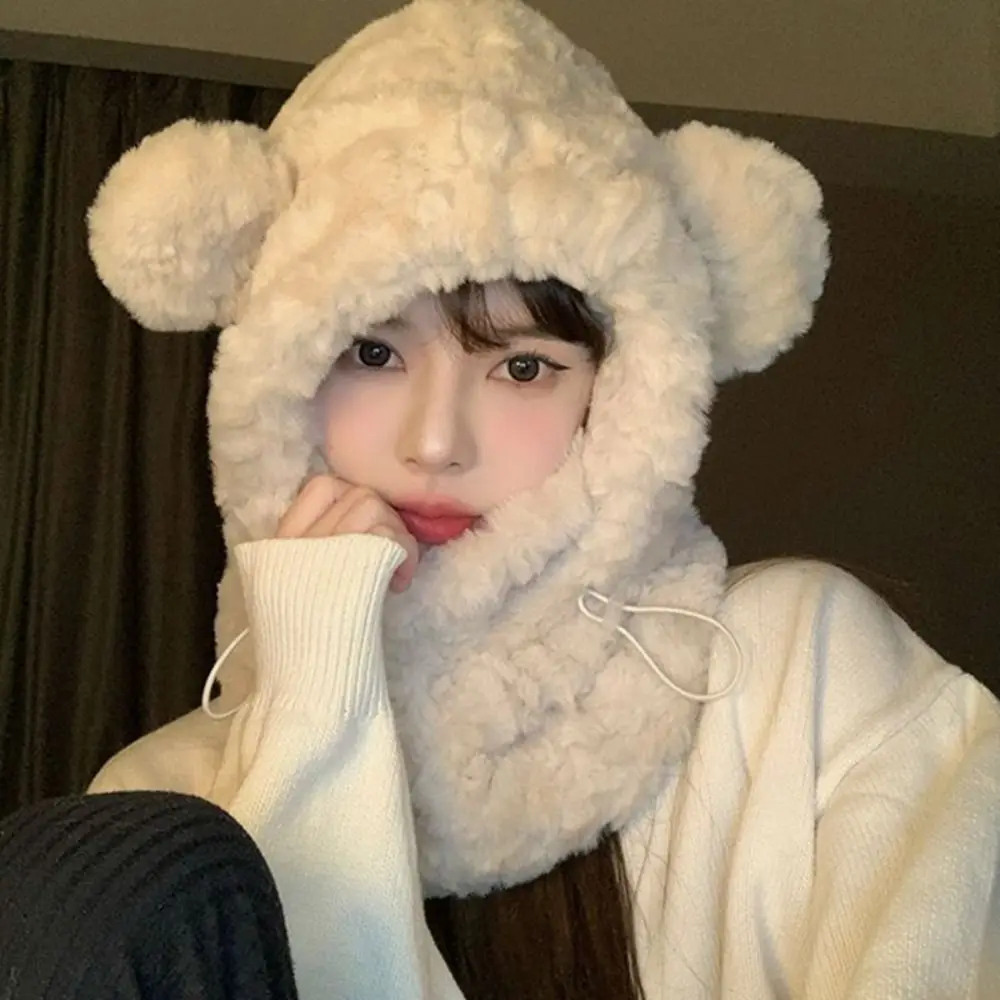 

Japanese Bear Ears Balaclava New Cute Adjustable Hat Scarf Integrated Women Plush Ear Protection Cap