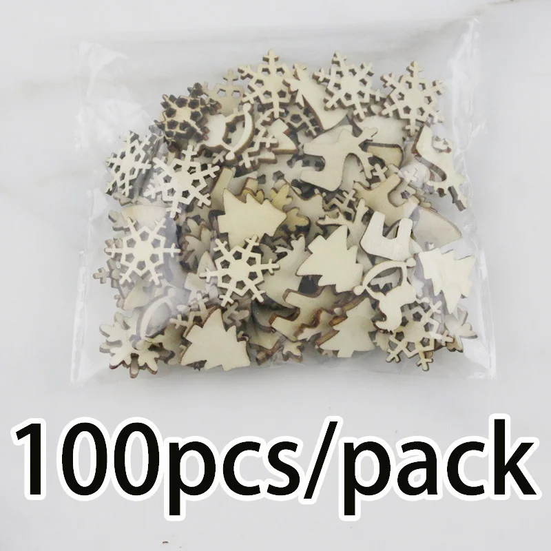 (100 Pcs/pack)Mini Wooden Hanging Christmas Decorations Semi-finished Hollowed-out Wooden Crafts Xmas Tree Hanging Gift Tags DIY