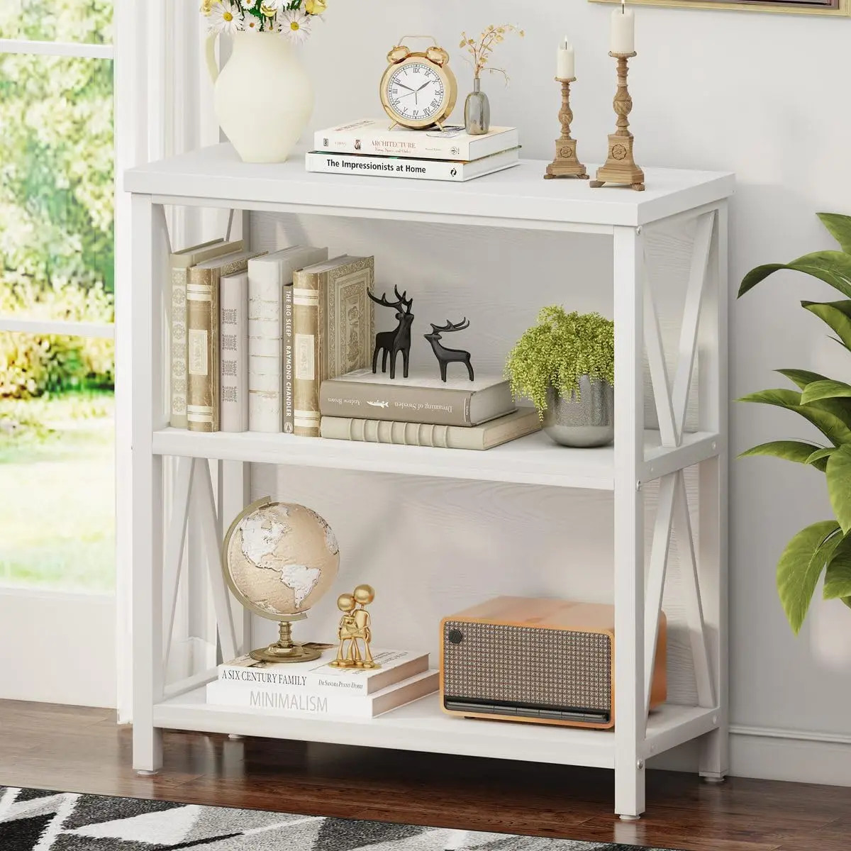 FATORRI Small Bookcase Wood and Metal Low Short Bookshelf