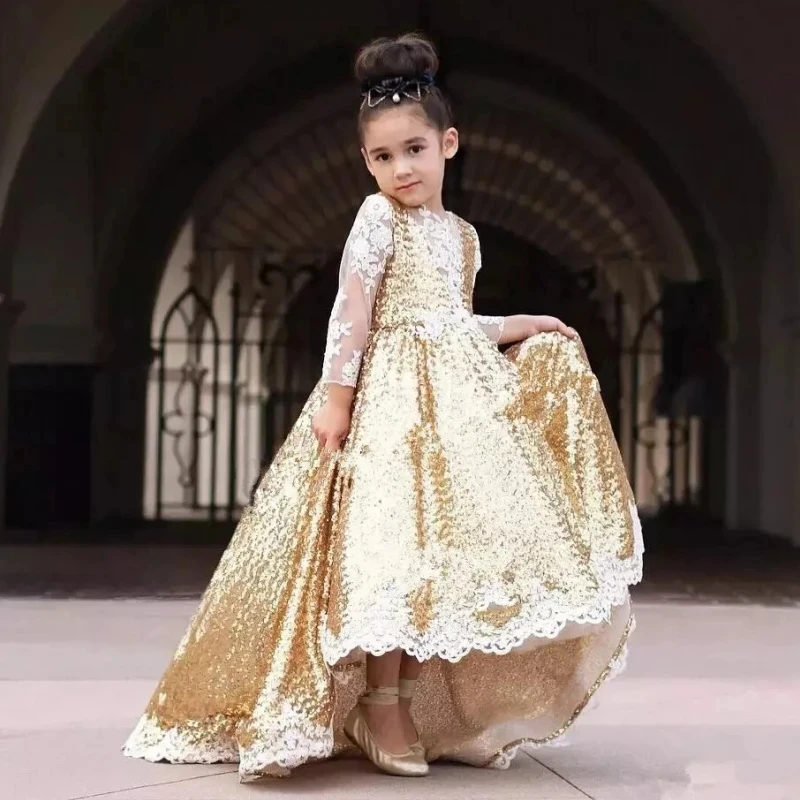 

Gold Sequins Sparkly Long Illusion Sleeve Pageant Flower Girl Dress for Wedding A-line Appliques Princess First Communion Gown