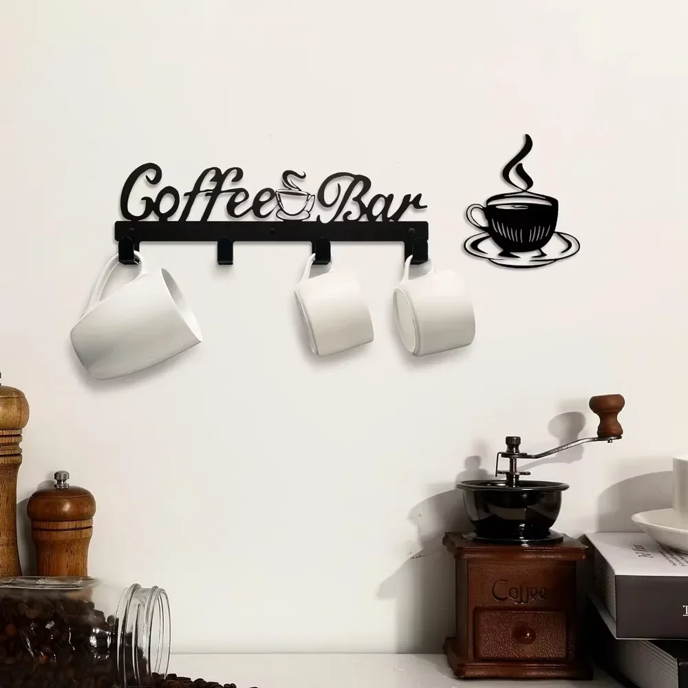 Impressive Metal Coffee Cup Rack. Wall-mounted decor. Coffee bar organizer. Storage and display. Hooks for your mugs. 3