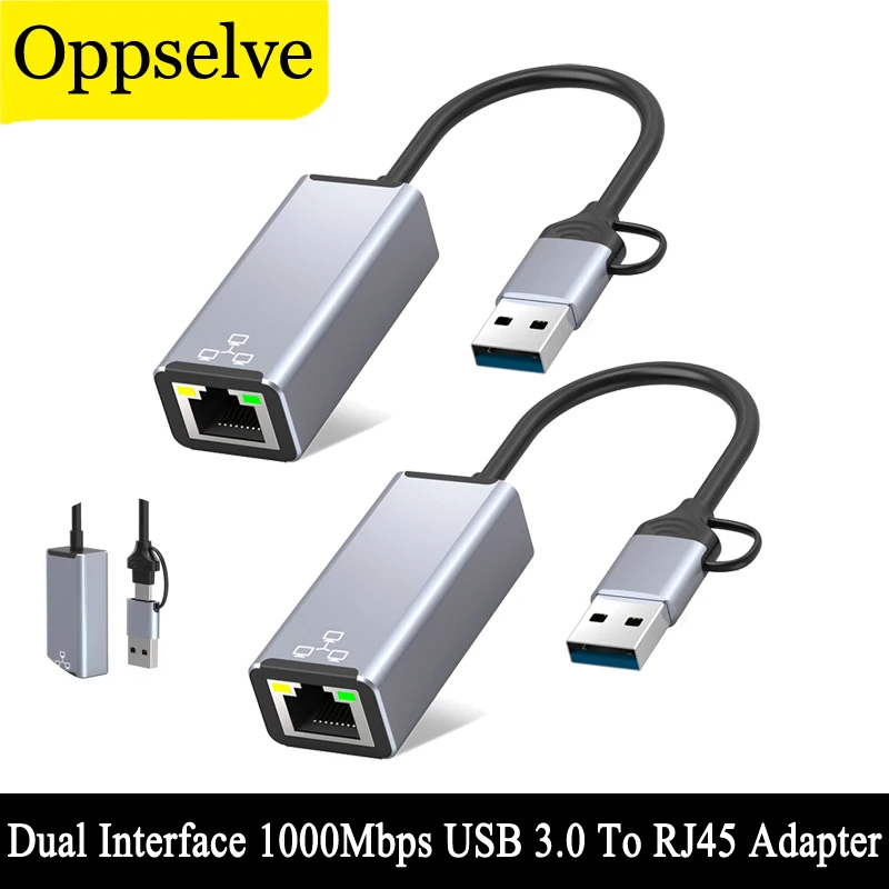 

1000Mbps USB 3.0 To RJ45 LAN Ethernet Adapter Dual Interface USB Type C To RJ45 Wired Network Card Connector For Macbook Laptop