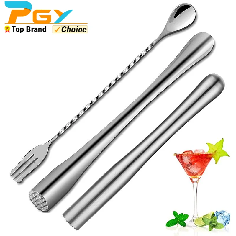 2Pcs Stainless Steel Cocktail Muddler with Bar Mixing Spoon Cocktail Muddler Long Drink Stirrer Bartender Spoon Bar Accessories