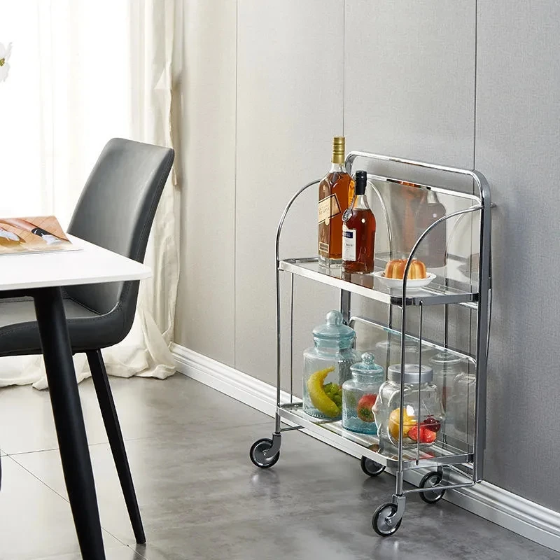Luxury Kitchen Trolley Glass Shelving Movable Nordic Furniture Multi-layer Shelf Torage Rack Edside Cabinet Stainless Steel