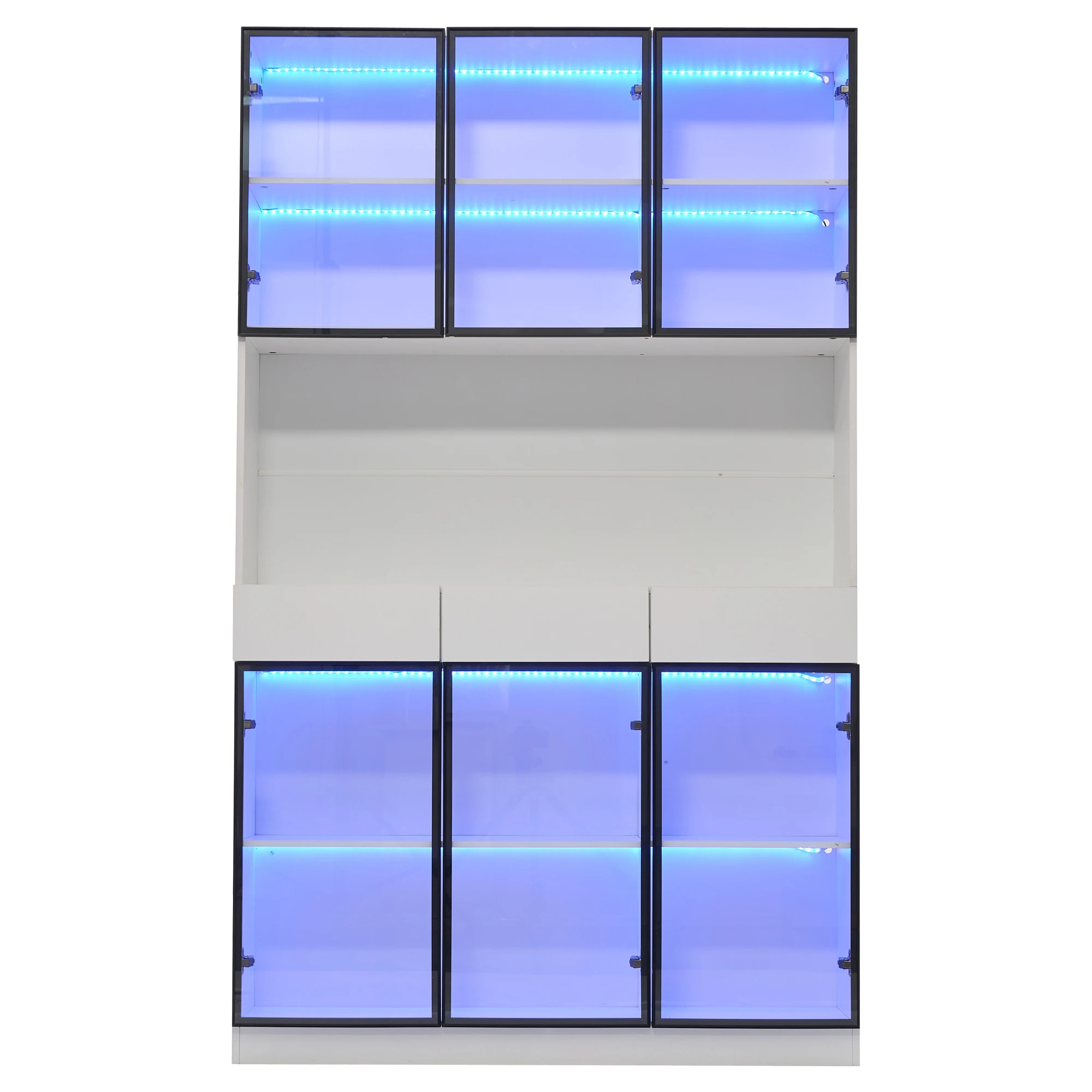 200 cm hoher weißer Vitrinenschrank mit LED, Glastüren (schwarzer Rahmen), Bücherregal mit mehreren Staufächern – Detail 19