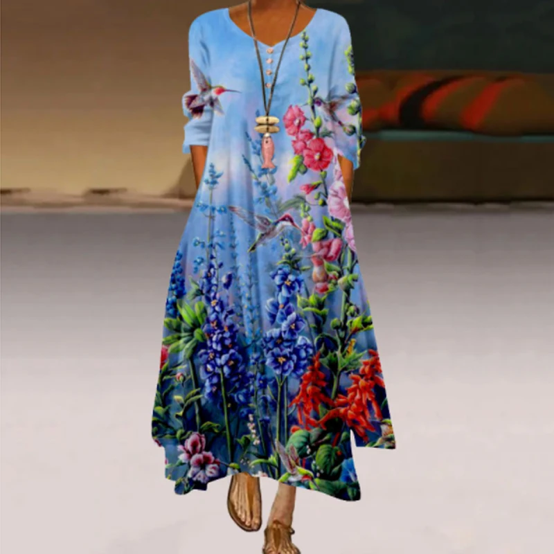 Vintage 3D Floral Print Dress Women Fashion 2022 Spring O-neck Long Sleeve Loose Dress Elegant Casual Lady Maxi Dresses Vestido camisole Tanks & Camis