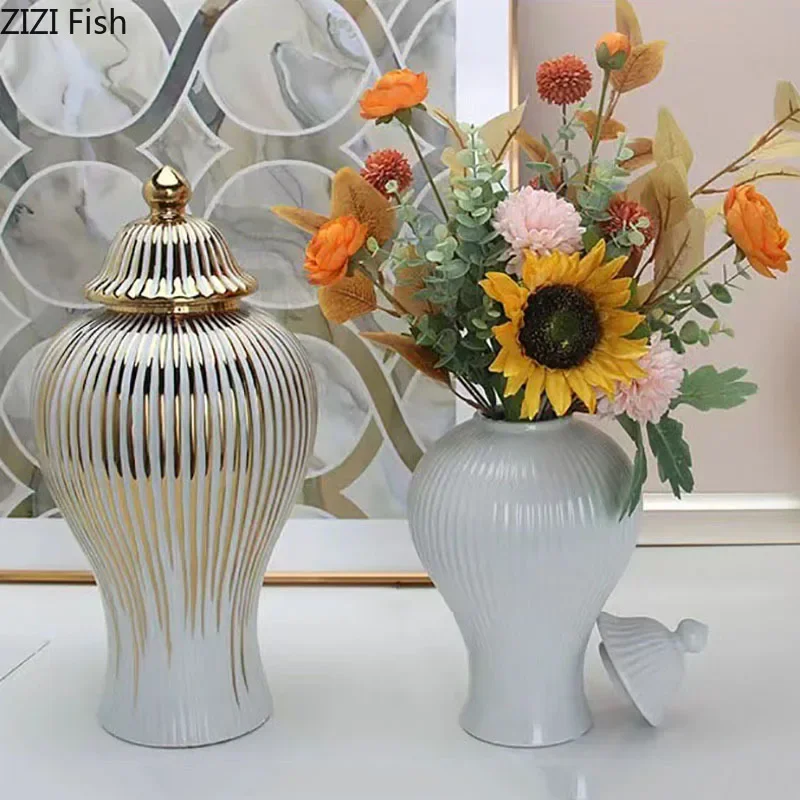 Barattolo Di Stoccaggio A Strisce Verticali Placcato Oro Vaso Generale In Ceramica Contenitori Cosmetici Decorativi Da Scrivania Composizione Floreale